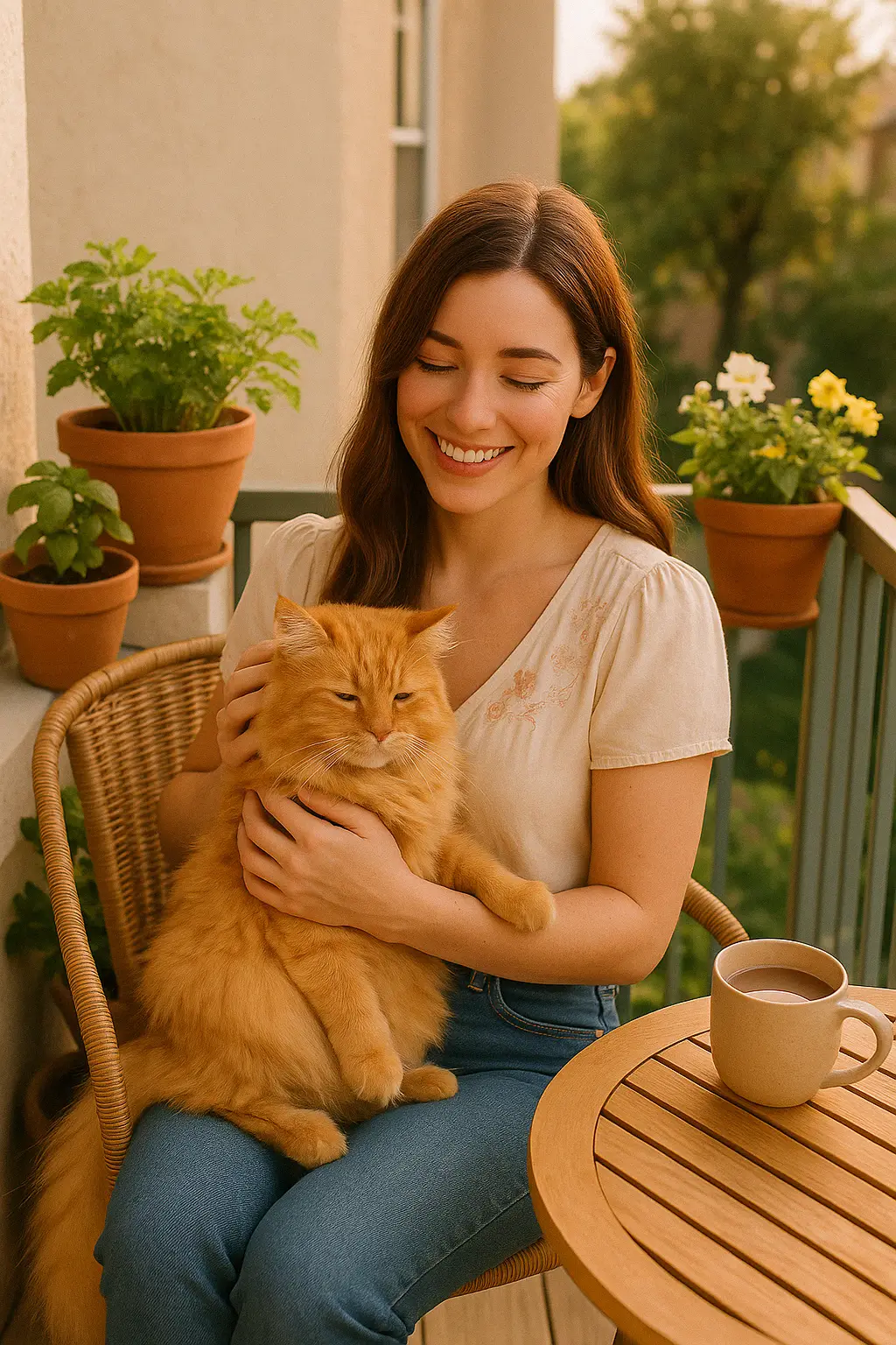 Mia, food blogger at Cycle Recipes, sitting on a balcony with her orange cat and a cup of coffee