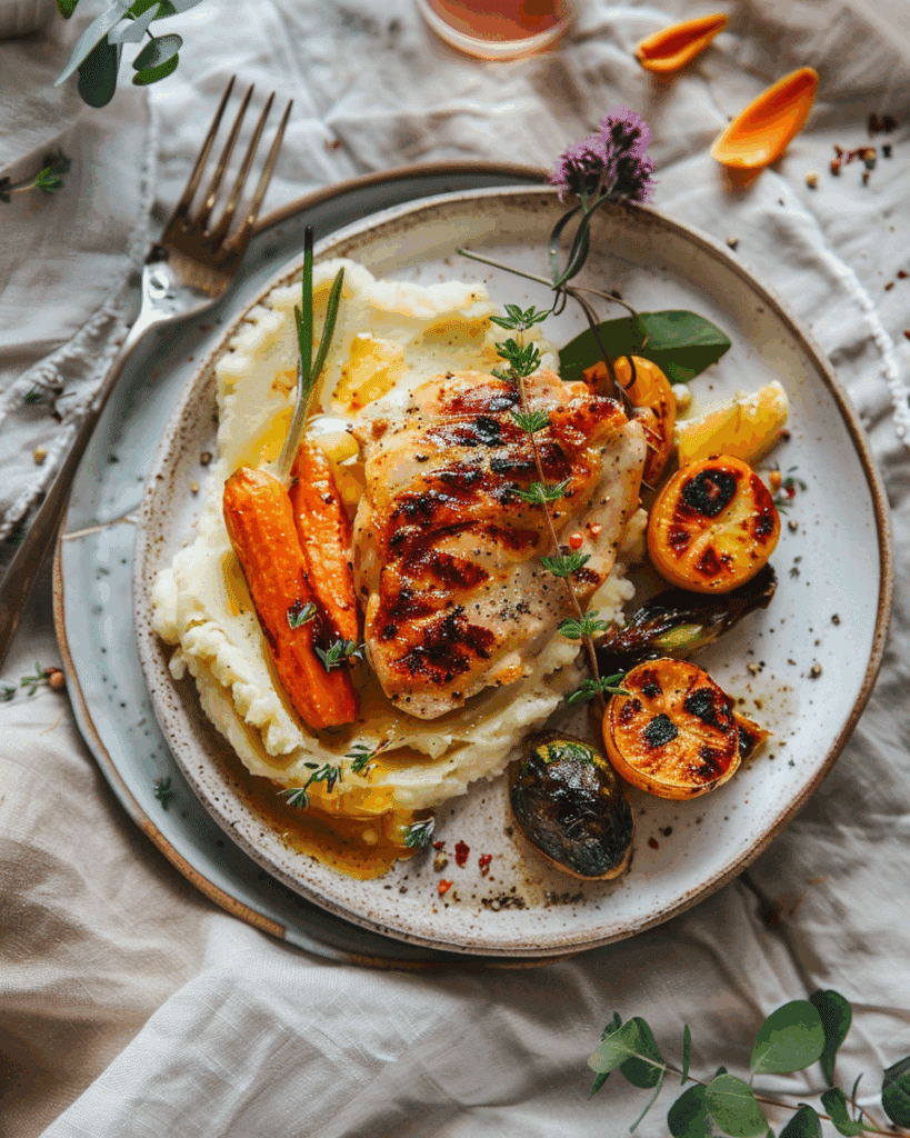 Home 1 Grilled chicken with mashed potatoes, roasted vegetables, and herbs on a ceramic plate.