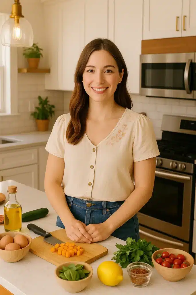 Smiling woman standing in a bright kitchen, preparing vegetables on a cutting board
