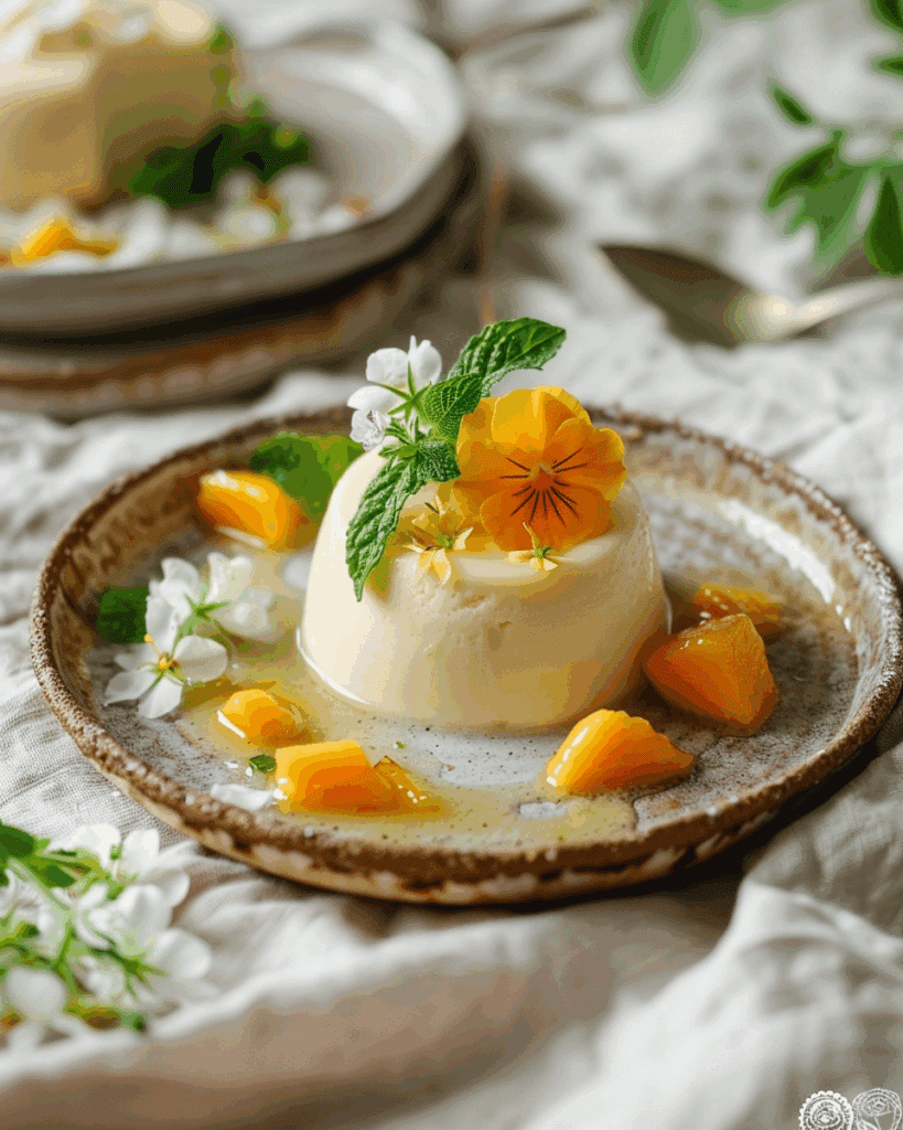 Home 2 Elegant vanilla panna cotta dessert garnished with fresh mint leaves, edible flowers, and mango cubes, served on a rustic ceramic plate.