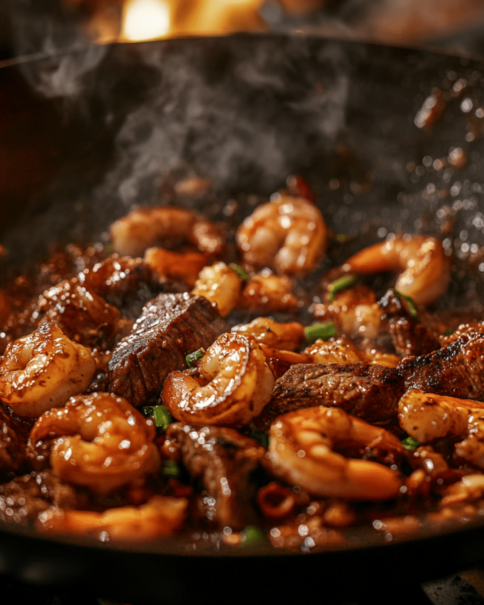 firecracker steak shrimp cooking 1